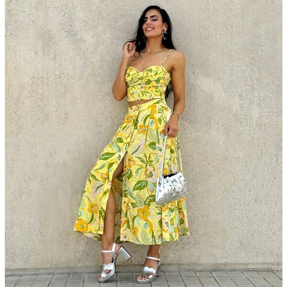 Zara Dresses & Skirts - Zara Floral Co Ord Set Corset Top Midi Skirt Linen Blend Vacation Outfit NWT